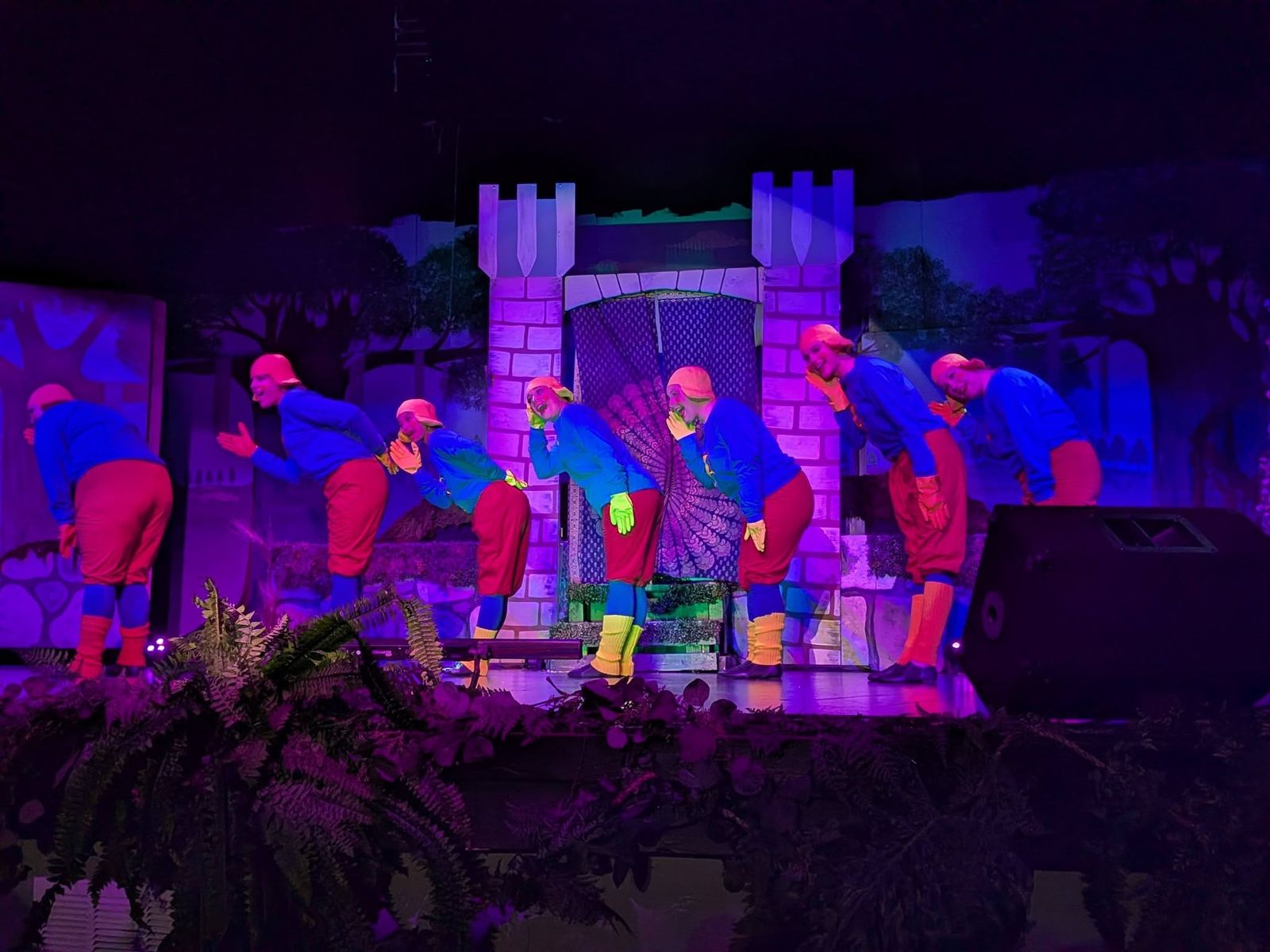 Cast performing under purple stage lights